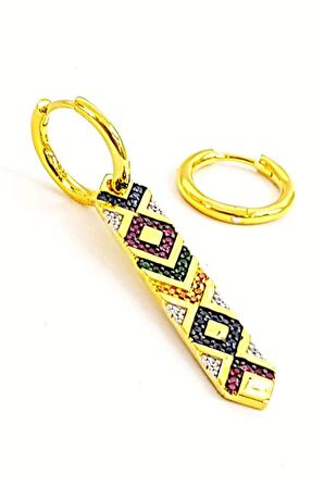 İtalyan tasarımı Gümüş üzerine altın kaplama renkli zirkon taşlı küpe