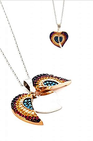 Renkli zirkon taşlı plakalı Kalpli Gümüş Aşk Kolyesi