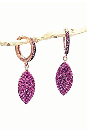 Pembe zirkon taşlı gümüş üzerine rose altın kaplama sallantılı küpe