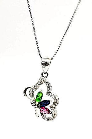 Renkli zirkon taşlı kelebek figürlü gümüş Kadın kolye