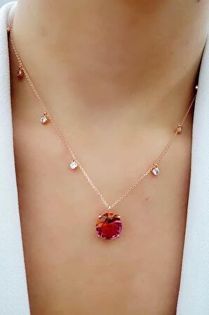 Morganit taşlı zirkon taş detaylı gümüş üzerine rose altın kaplamalı Kadın kolye