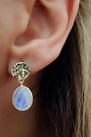 Ay taşı el işi gümüş üzerine altın kaplama küpe