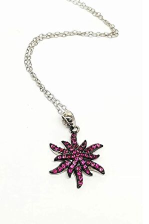 Pembe zirkon taşlı Çiçek figürlü gümüş Kadın kolye 