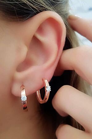 Zirkon taşlı gümüş üzerine rose altın kaplama halka küpe