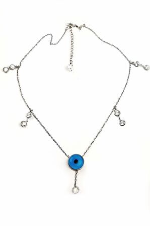 Nazar Boncuklu Zirkon Taş detaylı Gümüş Şans Kolyesi 