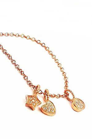 Kalp ve yıldız figürlü Zirkon taşlı Gümüş Üzerine rose altın kaplama kolye