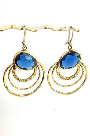 Lacivert zirkon taş detaylı gümüş el işi altın kaplama gümüş küpe