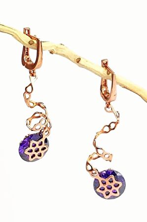 Ametist Taşlı İtalyan tasarımı gümüş üzerine rose altın kaplama sallantılı gümüş küpe