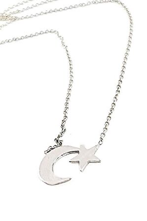 Ay Yıldız İşlemeli Gümüş Taşsız Kolye