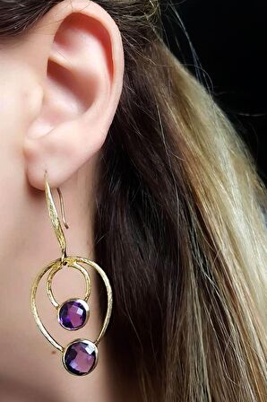 Ametist taşlı gümüş üzerine altın kaplama el işi tasarım küpe