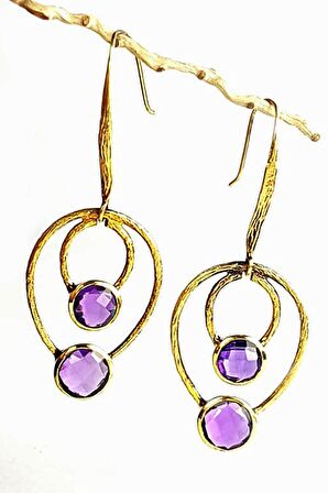 Ametist taşlı gümüş üzerine altın kaplama el işi tasarım küpe