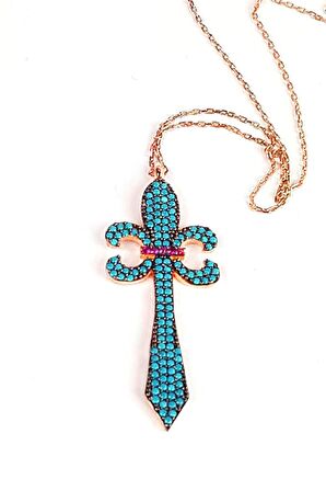 Turkuaz taşlı gümüş üzerine rose altın kaplama trend kolye 