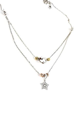 Kalpli ve yıldız Figürlü İkili gümüş kolye