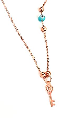 Nazar boncugu detaylı gümüş üzerine rose altın kaplama aşk kolyesi