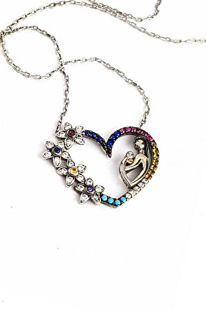 Renkli zirkon taşlı gümüş anne kolyesi