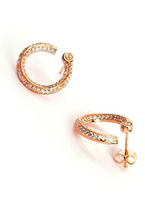 Spiral Lüks Zirkon taşlı gümüş üzerine rose altın kaplamalı küpe