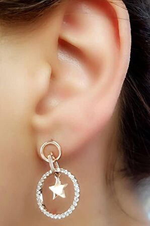 Yıldız Figürlü Zirkon taşlı gümüş üzerine rose altın kaplama küpe