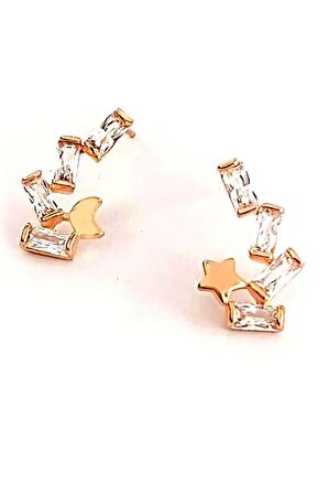 Baget kesim zirkon taşlı ay yıldız tasarımı gümüş Kadın küpe