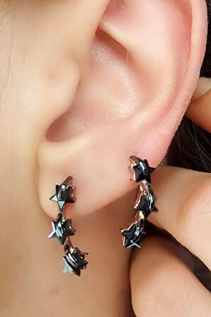 Siyah Oniks taşlı yıldızlı gümüş küpe