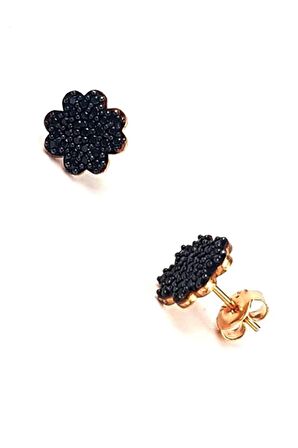 Oniks Taşlı Çiçek figürlü gümüş minimal küpe