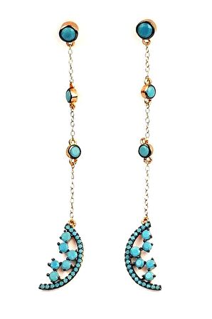 Turkuaz taşlı Gümüş Üzerine altın kaplama sallantılı küpe