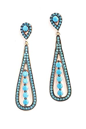 Turkuaz Taşlı Sallantılı Gümüş Üzerine rose altın kaplamalı küpe