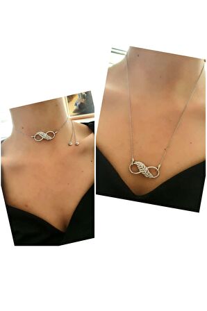 Italyan tasarımı sonsuzluk figürlü boyu ayarlanabilen asansörlü lüks şık gümüş kolye