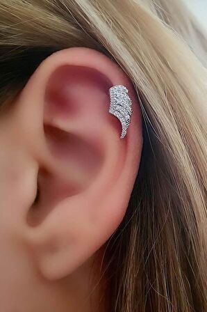 Melek kanadı figurlu pırlanta ışıltısında zirkon tasli 316L anti alerjik cerrahi celik tragus veya kikirdak helix piercing bar