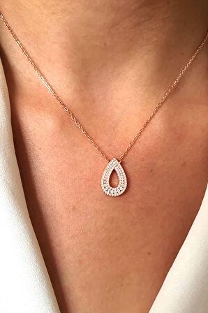 Zirkon taşlı damla model gümüş rose kolye 