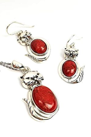 Kedi figürlü gümüş mercan takı seti