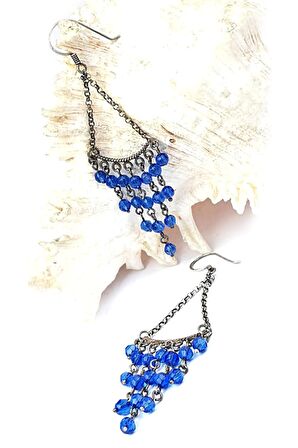 Lacivert zirkon taşlı tasarım el işi gümüş küpe 