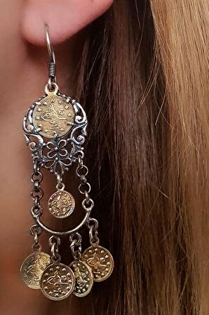 Eski Paralı tasarım el işi gümüş küpe