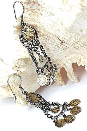 Eski Paralı tasarım el işi gümüş küpe