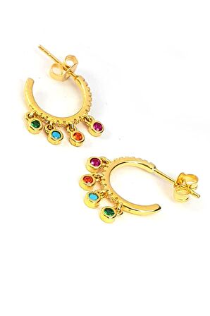 Italyan tasarımı altın kaplama renkli taşli gümüş yarım halka küpe (1.5 cm küpe çapı ) 