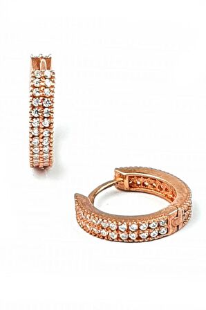 Çift sıra arkası önü zirkon taşlı gümüş rose halka cift küpe 1.4cm 