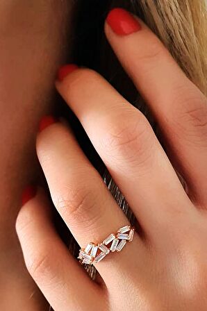 Baget kesim zirkon taşlı gümüş rose çıtır yüzük 