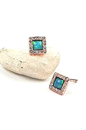 Opal taşlı gümüş rose minimal küpe 