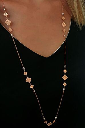 Gümüş rose el işi rose uzun zincir kolye 