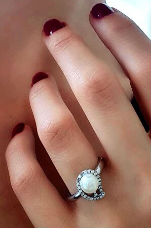 zirkon taşlı gümüş inci yüzük 