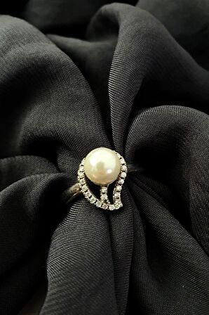 zirkon taşlı gümüş inci yüzük 