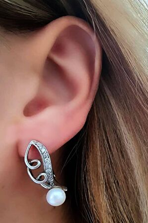 Zirkon taşlı gümüş inci küpe 