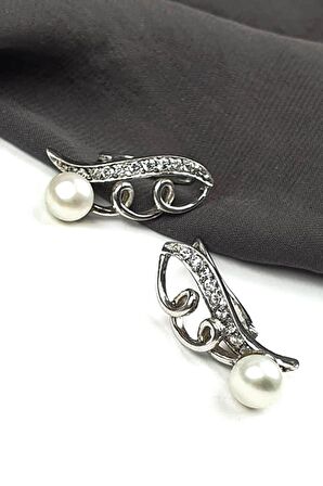 Zirkon taşlı gümüş inci küpe 