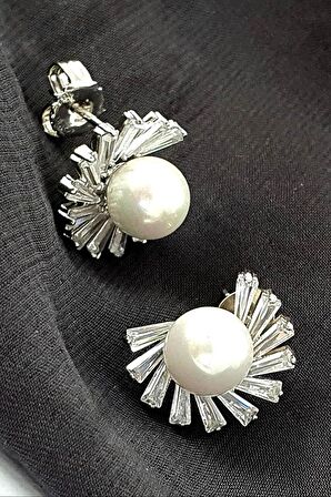 Baget taşlı gümüş inci küpe 