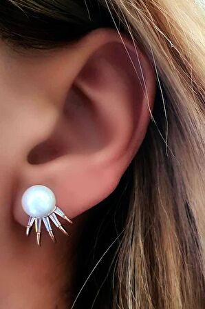 Baget kesim zirkon taşlı inci gümüş rose küpe