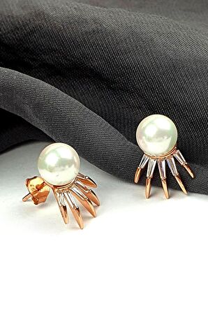 Baget kesim zirkon taşlı inci gümüş rose küpe