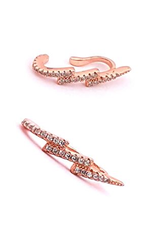 Şimşek figürlü gümüş rose pırlanta ışıltısında zirkon taşlı sıkıştırmalı kikirdak küpesi 