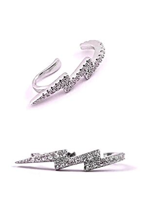 Şimşek figürlü gümüş pırlanta ışıltısında zirkon taşlı sıkıştırmalı kıkırdak küpesi 