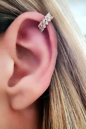 Baget zirkon taşlı gümüş rose sıkıştırmalı kıkırdak küpesi