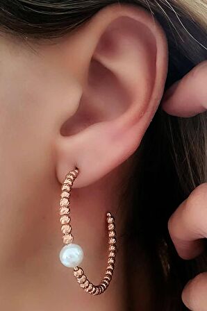 Incili gümüş rose dorika yarım halka küpe