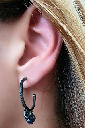 italyan tasarımı oniks taşlı siyah rodajli gümüş halka cift küpe